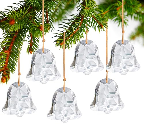 6 Pcs 2 Inch Faceted Crystal Bell Christmas Tree Suncatcher Hanging Decor | Clear Faceted Crystal Glass Bell Ornaments Suncatcher Pendants for Christmas Tree Window Winter New Year Party Home Decor