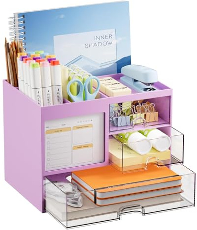 Marbrasse Schreibtisch Organizer mit 3 Schubladen,Stifthalter mit Großer Kapazität für den Schreibtisch,Büro Organizer mit 4 Fächern und Zubehör, für Büro,Haus und Schule (Violett)