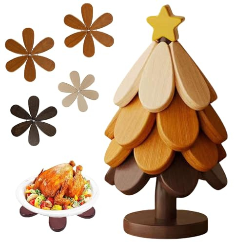 VELAJA Salvamanteles de Madera Forma Árbol de Navidad, Juego de 4 Salvamanteles Plegables para Cazuelas y Sartenes Calientes con Estrella, Protección para Mesas, Accesorio de Cocina Decorativo