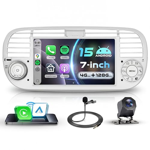 VECHTEL Weiß Autoradio 4G+128G Android 15 für FIAT 500 2007-2015, 7'' IPS Touchscreen mit Drahtlos Carplay Android Auto, Auto Radio mit GPS Wi-Fi USB/Typ-C Bluetooth FM RDS Radio Rückfahrkamera