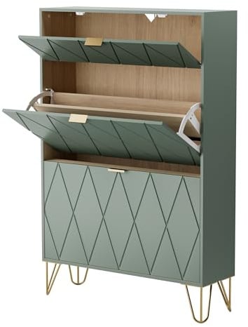 UEV Schuhschrank mit 2 Klappen, 80 x 24 x 120 cm für 16 Paar Schuhe (Grün) | Schmal & Platzsparend, Schuhregal mit verstellbaren Trennwänden, Schuhkipper Schuhkommode für Flur Eingang