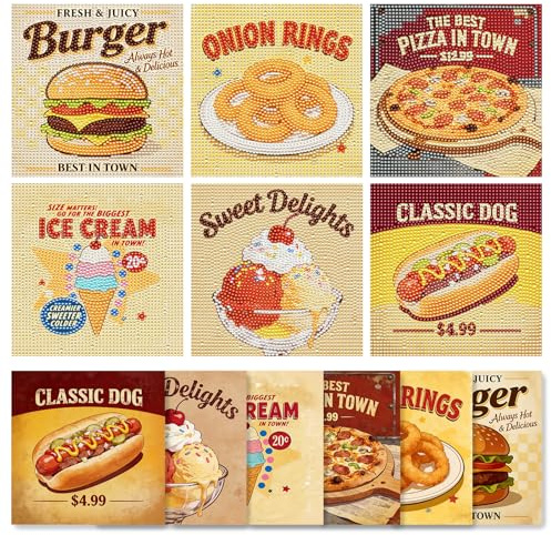 MOWOT 6 Stück Diamond Painting Set Retro Fast Food - 5D Mosaik Bastelset für Erwachsene - Burger, Pizza & Eiscreme Motive - DIY Handarbeit & Vintage Dekoration für Küche & Restaurant (15x15cm)
