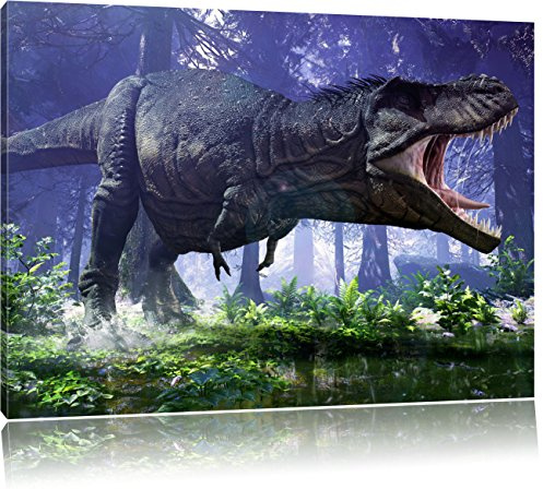 Pixxprint T-Rex Dinosaurier im Wald, Größe: 100x70cm, Leinwandbild, fertig gespannt, Wandbild, Dekoration, Kunstdruck, kein Poster