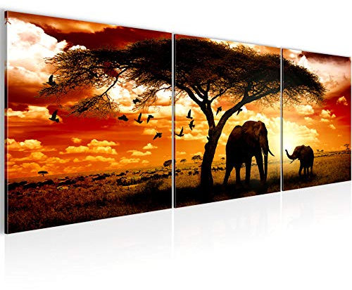 Runa Art - Bilder Afrika Sonnenuntergang 120 x 40 cm 3 Teilig Wandbild auf Vlies Leinwand Orange Mehrteilig Modern 001533a