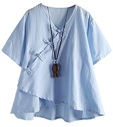 Minibee Chemisier rétro en lin pour femme avec boutons grenouille chinoise, bleu, Taille L