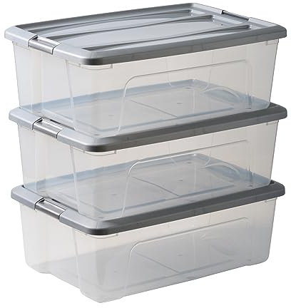 Iris Ohyama 3 Cajas de almacenamiento con tapas, 30L, Plata, Clips de Cierre, Duradero, Apilable, para Dormitorio, Armario, Oficina, Organizadora, Ropa y Zapados, Libre de BPA, NTB-30