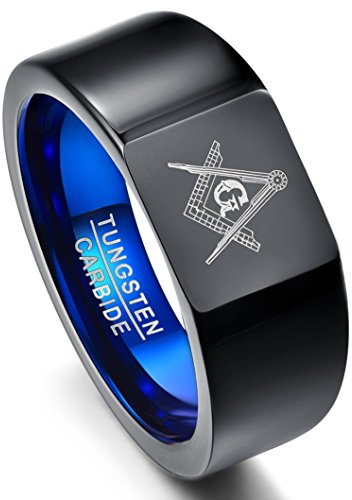 NUNCAD Unisex Ring Freimaurer schwarz+blau, Fashion Ring aus Wolframcarbid mit Winkel und Zirkel, Motivring für Freundschaft, Lifestyle und Mannschaft, Größe 54