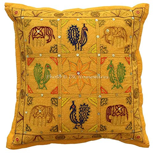 DK Homewares Indisch Sofa Kissenbezug 40x40 cm Baumwolle Mangogelb Bestickt Kissenbezüge Boho Style Pailletten Elefant Boho Quadrat Kissenbezug - 1 Stück (nur Bezug)