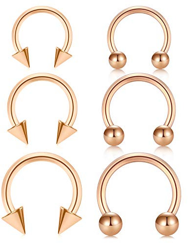 Longita 6PCS 16G Stainless Steel Horseshoe Nose Hoop Rings Eyebrow Lip Ear Rings Tragus Earrings Septum Piercing Ear Helix Cartilage Daith Conch Body Piercing Jewellery Dia 8-12mm-Rose Gold