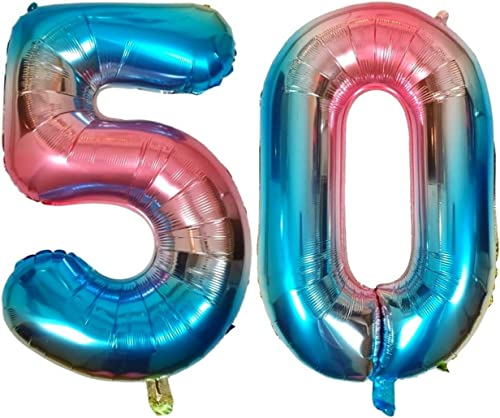 DIWULI Luftballon 50 Geburtstag XL Blau Regenbogen - Folienballon 50, Zahl 50 Ballon 50 Jahre, Geburtstagsdeko 50. Geburtstag Party-Deko Junge Mädchen, Zahlen-Ballon Groß Dekoration, Zahlen-Luftballon
