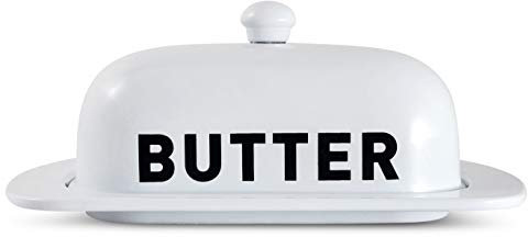 Metal Butter Dish with Lid - Enamel Porcelain Farmhouse Inspired White Butter Holder Dish Container with Cover