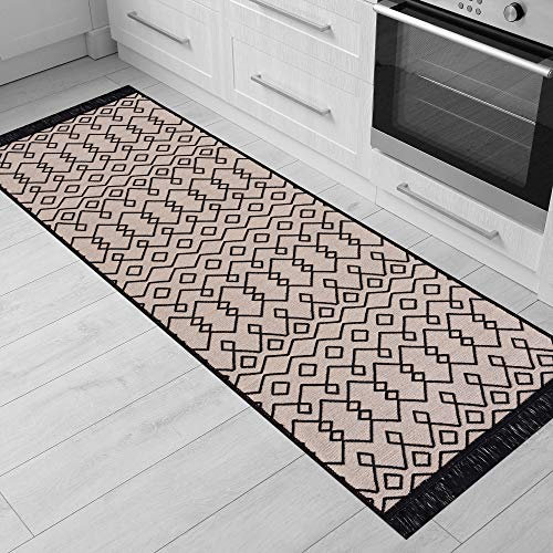 Fashion4Home Teppich Läufer - Tepiche für Wohnzimmer, Schlafzimmer, Küche, Kinderzimmer, Badezimmer - Boho Kelim - Läufer Flur, Schwarz-Beige, Größe: 60x90 cm