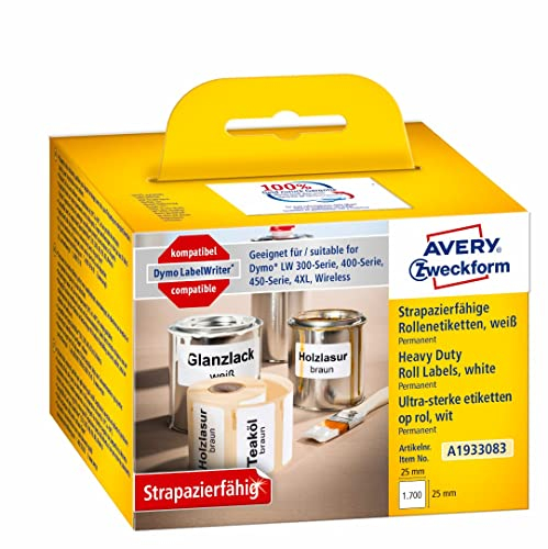AVERY Zweckform A1933083 Dymo LabelWriter wetterfeste Etiketten kompatibel zu 1933083 (25x25mm, 2 Rollen|1.700 Kunststoff Aufkleber, selbstklebend, für LW Dymo Etikettendrucker, Beschriftungsgerät)