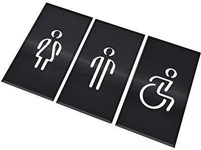 DOJA Barcelona | Cartel para Baño | Hombre + Mujer + Discapacitado | Color Negro | 180mm x100mm | Simbolo Adhesivo WC para Puerta | Placa Pegatina para Aseo, Aseos Cartel, Señal de Lavabo