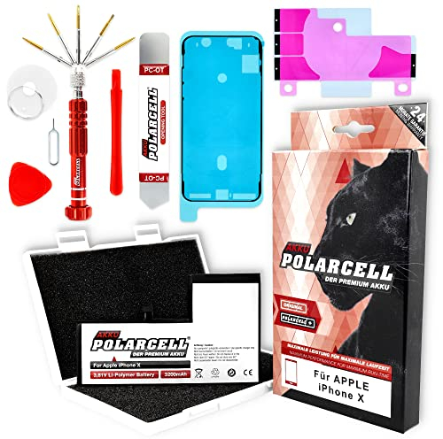 PolarCell Batterie Compatible avec iPhone X | 10 avec kit d'outils & adhésif pour Cadre | Batterie de Rechange 3200mAh | 10% de capacité en Plus Que la Batterie d'origine | Cellules A+