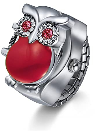 JewelryWe Ringuhr Fingeruhr Damen Analog Quarz Uhr Elastisch Ring Edelstahl Eule Deko Uhr Uhrenring Weiß Schwarz Rot