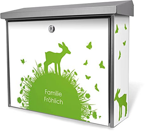 banjado® Burgwächter Briefkasten Edelstahl 38,5x31,5x12cm mit Motiv Rehkitz/Briefkasten Edelstahl ohne Zeitungsfach/Briefkasten grau/Postkasten inkl. Montagematerial & 2 Schlüsseln