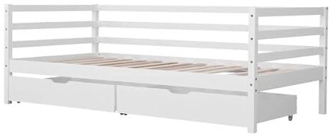 Happy Garden Cama Infantil de 190 x 90 cm en Madera Blanca, con Dispositivo anticaída, somier y Dos Grandes cajones, Jules