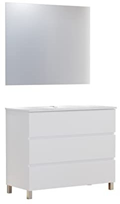 Baikal Conjunto de Mueble de Baño Neo con Espejo Luna Lisa, Tres Cajones o Dos Puertas, Mueble con Patas. Varios Acabados y Medidas. Melamina 16mm. Mueble MONTADO. 3c 100 Blanco