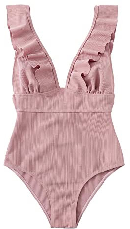 Costume Intero Donna Un Pezzo Sexy V Scollo Lace Up Costume da Bagno Donna Intero Elegant Ruffles Spallacci Regolabile Push Up Beachwear Spiaggia(Rosa,L)