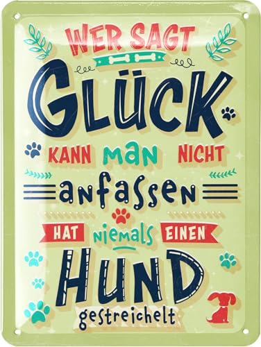 LANOLU Retro Blechschild Hund - Wer sagt Glück kann man nicht anfassen - Deko Hund Geschenke für Hundeliebhaber - Metallschild mit lustigem Spruch - Dekoration für Garten und Küche 15x20cm