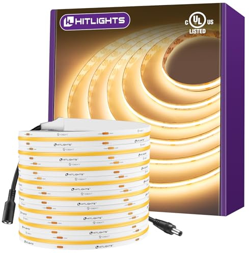 HitLights COB LED Strip Lights Warm White 3000K, 16.4ft Premium High Density 24V Tape Light, 2560 LEDs, 350+ LM/FT, CRI 90+, IP30, Lighting for Kitchen, Cabinets, UL Listed (Power Source Not Included)