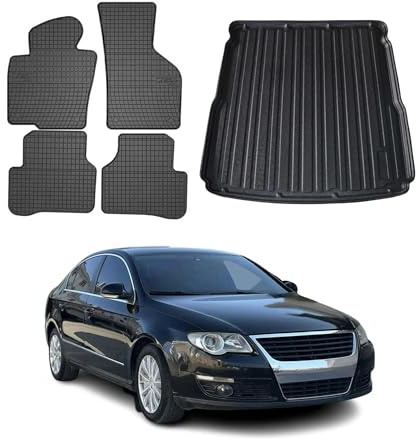 OMAC Fußmatten & Kofferraumwanne Set kompatibel mit VW Passat 2005-2010 Obere Gummi Schwarz 5X