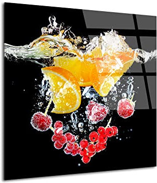 DECLINA Tableau plexi, impression sur verre Acrylique, Tableau mural, Décoration moderne, Cadre plexi Bain d'orange et Fruits rouges, 30x30 cm