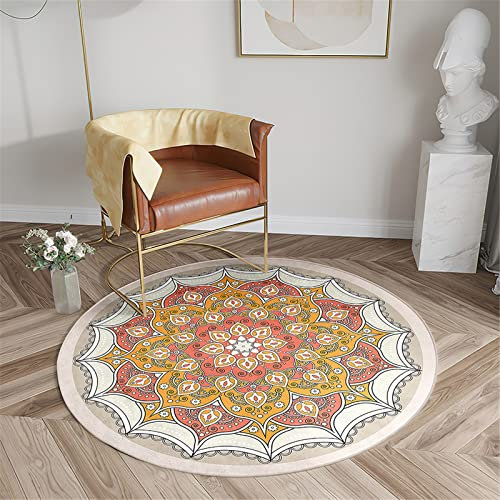 Chickwin Teppich für Wohnzimmer Rund, Mandala Stil rutschfeste Teppiche Flanell Flauschig Weich Moderne Fußmatte für Schlafzimmer Kinderzimmer Küche Dekoration (Durchmesser 80cm,Gelb)