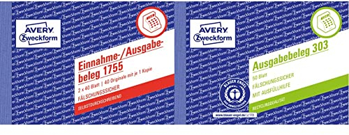 AVERY Zweckform 1755 Einnahme-/Ausgabebeleg (A6 quer, selbstdurchschreibend, von Rechtsexperten geprüft, für Deutschland, 2x40 Blatt) weiß/gelb & 303 Ausgabebeleg mit Dokumentendruck gelb