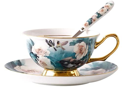Eplze YBK Tech Euro Style Cup& Saucer Set, Bone China Teacup Coffee Cup for Breakfast Home Kitchen- Birds and Camellia Flowers Patterns (Turquoise)