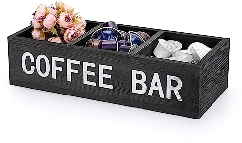 IGNPION 3-compartment Wooden Storage Basket with Dividers Adjustiable Coffee Bar Station Organiser Box Kitchen Decorative Basket for Napkin, Coffee Capsules, Sweetener, Condiments, Black