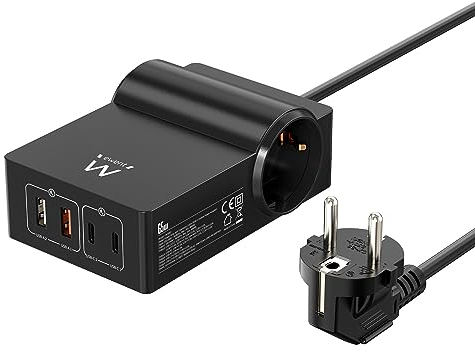 Station Charge USB GaN 65W.Rapide 4 Ports(2 USB-A+2 USB-C) PD3.0 PPS.Multiprise 2X Schuko 45° câble 1,5mt Prise Schuko 16A.pour MacBook Pro/Air,Ordinateur USB-C,iPhone 14/13/12,Samsung Galaxy,Xiaomi