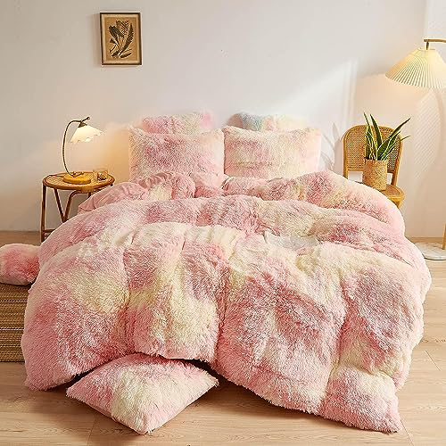 Sacebeleu Winter Bettwäsche 135x200cm Plüsch Langhaar Flauschig Flanell Biber Bettbezug Rosa Gelb Winterbettwäsche Warme Bettbezug und 1 Kissenbezug 80x80cm mit Reißverschluss