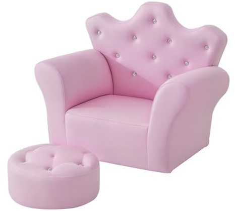Qaba Set di divani per bambini, divano imbottito con poggiapiedi, divano da principessa con decorazioni a diamante, poltrona per bambini e ragazze, rosa