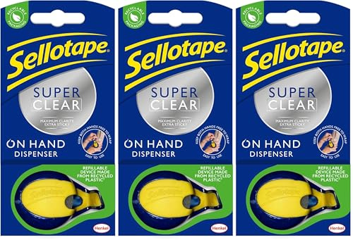 Sellotape On-Hand Dispenser for Sticky Tape/Both Hands Free for Crafting and Wrapping / 1 x Dispenser & 1 x (18mm x 15m) Adhesive Tape roll (Pack of 3)