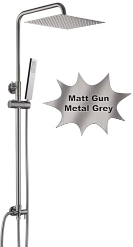 Görbach Edelstahl Duschset ohne Armatur, Regendusche Duschsystem mit Duschkopf, Duschstange, Duschschlauch, Kopfbrause Eckig 30x30cm Gunmetal Grau
