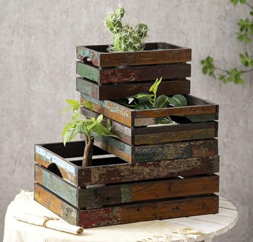 TIMRIS Set mit 3 rustikalen Holzkisten im Used-Look, dekorative Aufbewahrungsboxen aus Holz, große Vintage-Altholzkörbe zur Präsentation (zufällig)