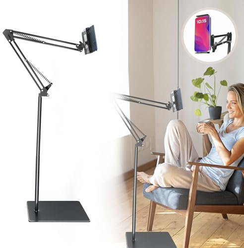 Hmfmdy Tablet Floor Stand, Heavy Duty Base Phone Floor Stand, Overhead Bed Mount, Adjustable Tablet Phone Holder Compatible for iPad, Galaxy Tab, Kindle, Switch, E-Reader 4.7-12.9 Black