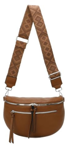 Damen Tasche Crossbody Schultertasche Gürteltasche Brusttasche Hüfttasche Bauchtasche Umhängetasche Cross-Over Bodybag Handytasche Geldtasche Kosmetiktasche Leder Optik Cognac S mit RV vorn