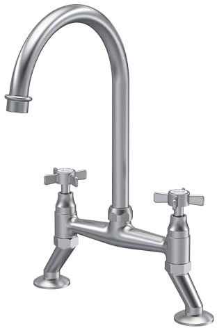 Balterley Kitchen Tap with Dual Crosshead Handles, Bridge Kitchen Mixer Tap, Brushed Nickel Bridge Mixer Taps for Sink, Round Base with Curved Spout Taps for Sink - 235 x 200 x 510mm (Brushed Brass)