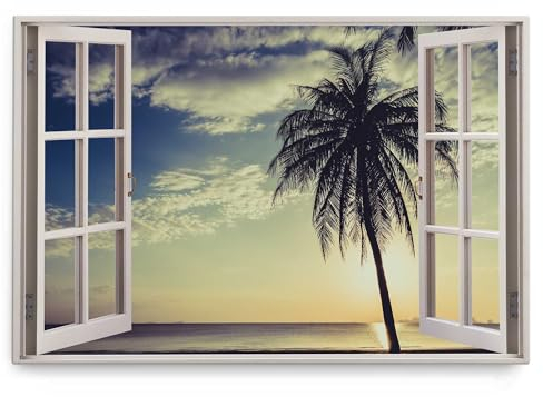 Paul Sinus Wandbild 120x80cm Fensterbild Palme Strand Traumstrand Sommer Horizont Meer