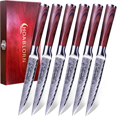 Knives Set with Box for Kitchen Wooden Boxed Steak Knife Set of 6Pcs HOABLORN Serrated German Stainless Steel Steak Knife Set for Family Chefs (SK02-Red Box)