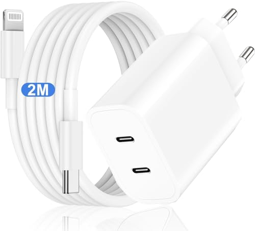 20W Schnellladegerät Ladekabel für iPhone 14/13/12/11 Pro Max Plus Mini/SE/X/XR/8/iPad Pro/Air,2-Ports USB C Ladegerät mit 2M Schnellladekabel Power Adapter Fast Charger Netzteil Stecker Ladestecker
