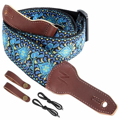 Nefelibata Banjo-Gurt, 2 breit, Vollnarbenleder Jacquard bestickt, verstellbarer Ersatz, Gitarrengurt mit Kopfplatten-Seil und Leder-Stirnband (blaue Blumenstickerei)