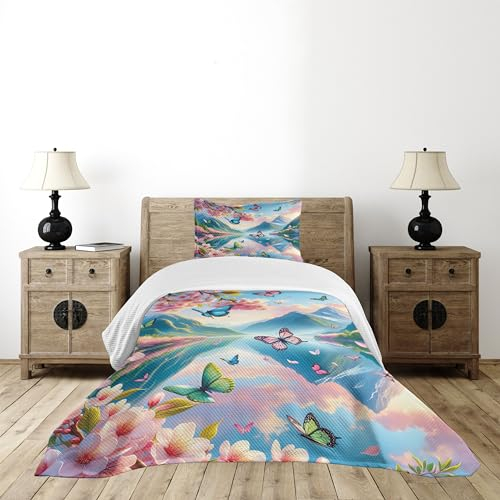 ABAKUHAUS See Tagesdecke Set, Schmetterlinge Kirschblüten, Gestepptes 2-teiliges Bettdecken-Set mit 1 Kissenbezug, für Einselbetten 170 x 220 cm, Rosa Himmelblau Grün