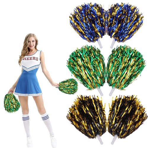 6 Stück Cheerleader Pompons Mit Stiel für Sportveranstaltungen, Schule, Spiele, Tanzpartys (Grün, Schwarz, Blau)