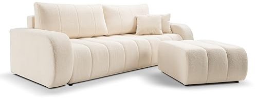 KEF Sofa Bella - Couch mit Schlaffunktion und Pouf - Schlafcouch mit Bettkasten und Kunststoffbeine - 2er Set: Sofa 105x88x248 cm und Pouf 75x41x82 cm - Beige