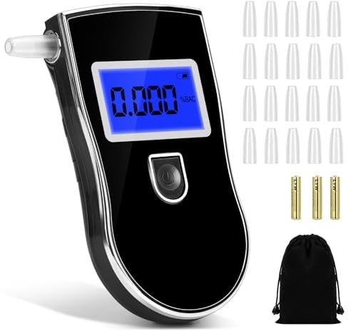 Alkoholtester, Tragbarer Promilletester, Atemalkoholtester Polizeigenau mit Digital LCD Display, 20 Mundstücke und 1 Aufbewahrungskiste, Halbleiter Sensor Alkoholmessgeräte mit Alarm