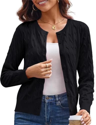 GRACE KARIN Women Lightweight Cardigan Button Down Crew Neck Knitwear Sweater Tops Long Sleeve Cable Knit Shrugs L Black